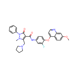 COc1ccc2c(Oc3ccc(NC(=O)c4c(CN5CCCC5)n(C)n(-c5ccccc5)c4=O)cc3F)ccnc2c1 ZINC000084759483