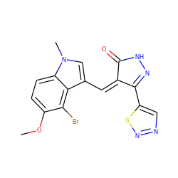 COc1ccc2c(c(/C=C3\C(=O)NN=C3c3cnns3)cn2C)c1Br ZINC000028955055