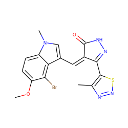 COc1ccc2c(c(/C=C3\C(=O)NN=C3c3snnc3C)cn2C)c1Br ZINC000028954984