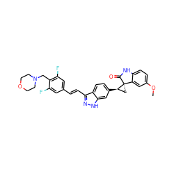 COc1ccc2c(c1)[C@]1(C[C@H]1c1ccc3c(/C=C/c4cc(F)c(CN5CCOCC5)c(F)c4)n[nH]c3c1)C(=O)N2 ZINC000144975503