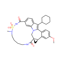 COc1ccc2c(c1)[C@H]1C[C@@]13Cn1c-2c(C2CCCCC2)c2ccc(cc21)C(=O)NS(=O)(=O)N(C)CCCCNC3=O ZINC000143649412