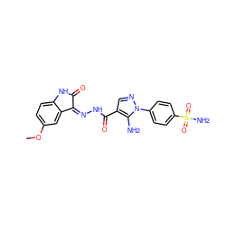 COc1ccc2c(c1)C(=NNC(=O)c1cnn(-c3ccc(S(N)(=O)=O)cc3)c1N)C(=O)N2 ZINC000473154704