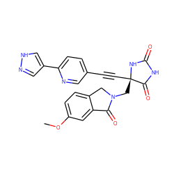 COc1ccc2c(c1)C(=O)N(C[C@@]1(C#Cc3ccc(-c4cn[nH]c4)nc3)NC(=O)NC1=O)C2 ZINC000167611933