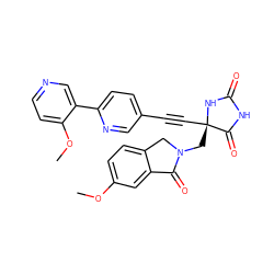 COc1ccc2c(c1)C(=O)N(C[C@@]1(C#Cc3ccc(-c4cnccc4OC)nc3)NC(=O)NC1=O)C2 ZINC000143507356