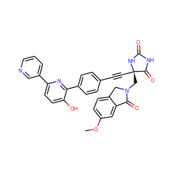 COc1ccc2c(c1)C(=O)N(C[C@@]1(C#Cc3ccc(-c4nc(-c5cccnc5)ccc4O)cc3)NC(=O)NC1=O)C2 ZINC000143300152