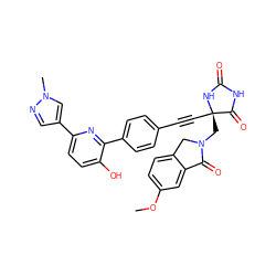 COc1ccc2c(c1)C(=O)N(C[C@@]1(C#Cc3ccc(-c4nc(-c5cnn(C)c5)ccc4O)cc3)NC(=O)NC1=O)C2 ZINC000143300623