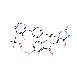 COc1ccc2c(c1)C(=O)N(C[C@@]1(C#Cc3ccc(-c4ncccc4OC(=O)C(C)(C)C)cc3)NC(=O)NC1=O)C2 ZINC000143506682