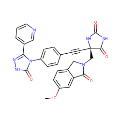 COc1ccc2c(c1)C(=O)N(C[C@@]1(C#Cc3ccc(-n4c(-c5cccnc5)n[nH]c4=O)cc3)NC(=O)NC1=O)C2 ZINC000096173642