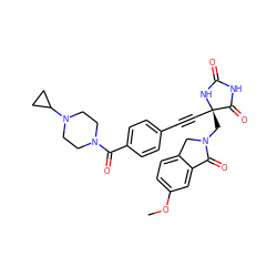 COc1ccc2c(c1)C(=O)N(C[C@@]1(C#Cc3ccc(C(=O)N4CCN(C5CC5)CC4)cc3)NC(=O)NC1=O)C2 ZINC000143245662