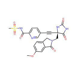 COc1ccc2c(c1)C(=O)N(C[C@@]1(C#Cc3ccc(C(=O)NS(C)(=O)=O)nc3)NC(=O)NC1=O)C2 ZINC000096173726