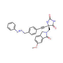 COc1ccc2c(c1)C(=O)N(C[C@@]1(C#Cc3ccc(C/N=N/c4ccccc4)cc3)NC(=O)NC1=O)C2 ZINC000169694535