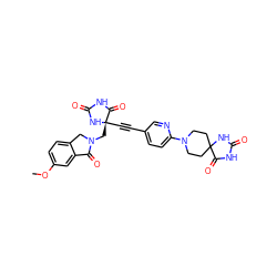 COc1ccc2c(c1)C(=O)N(C[C@@]1(C#Cc3ccc(N4CCC5(CC4)NC(=O)NC5=O)nc3)NC(=O)NC1=O)C2 ZINC000149815808