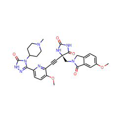 COc1ccc2c(c1)C(=O)N(C[C@@]1(C#Cc3nc(-c4n[nH]c(=O)n4C4CCN(C)CC4)ccc3OC)NC(=O)NC1=O)C2 ZINC000096173620