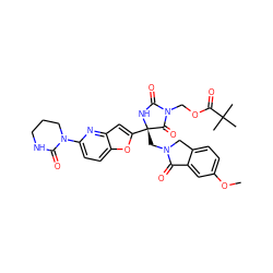 COc1ccc2c(c1)C(=O)N(C[C@@]1(c3cc4nc(N5CCCNC5=O)ccc4o3)NC(=O)N(COC(=O)C(C)(C)C)C1=O)C2 ZINC000141907977