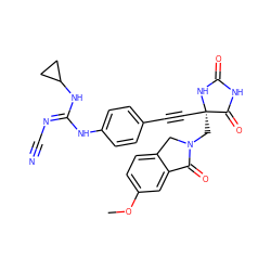 COc1ccc2c(c1)C(=O)N(C[C@]1(C#Cc3ccc(N/C(=N\C#N)NC4CC4)cc3)NC(=O)NC1=O)C2 ZINC000146520487