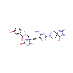 COc1ccc2c(c1)C(=O)N(C[C@]1(C#Cc3cnc(N4CCC5(CC4)NC(=O)NC5=O)nc3N)NC(=O)NC1=O)C2 ZINC000167624027