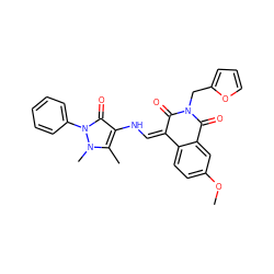 COc1ccc2c(c1)C(=O)N(Cc1ccco1)C(=O)/C2=C\Nc1c(C)n(C)n(-c2ccccc2)c1=O ZINC000018141967