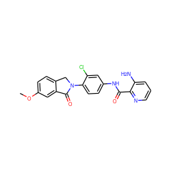 COc1ccc2c(c1)C(=O)N(c1ccc(NC(=O)c3ncccc3N)cc1Cl)C2 ZINC000653857021