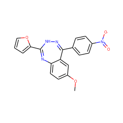 COc1ccc2c(c1)C(c1ccc([N+](=O)[O-])cc1)=NNC(c1ccco1)=N2 ZINC000100394545