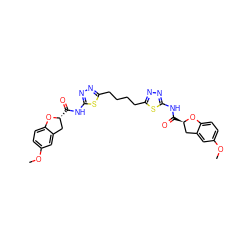 COc1ccc2c(c1)C[C@@H](C(=O)Nc1nnc(CCCCc3nnc(NC(=O)[C@@H]4Cc5cc(OC)ccc5O4)s3)s1)O2 ZINC000169697869