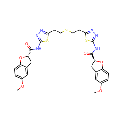 COc1ccc2c(c1)C[C@@H](C(=O)Nc1nnc(CCSCCc3nnc(NC(=O)[C@@H]4Cc5cc(OC)ccc5O4)s3)s1)O2 ZINC000169697857