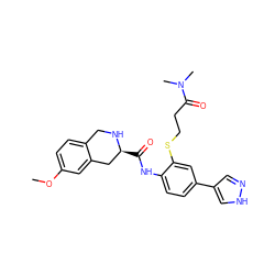 COc1ccc2c(c1)C[C@H](C(=O)Nc1ccc(-c3cn[nH]c3)cc1SCCC(=O)N(C)C)NC2 ZINC000058569494