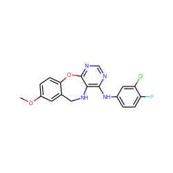 COc1ccc2c(c1)CNc1c(Nc3ccc(F)c(Cl)c3)ncnc1O2 ZINC000028572466