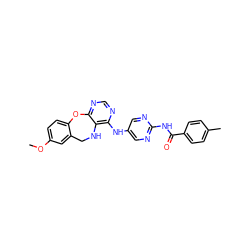 COc1ccc2c(c1)CNc1c(Nc3cnc(NC(=O)c4ccc(C)cc4)nc3)ncnc1O2 ZINC000028564838