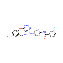 COc1ccc2c(c1)CNc1c(Nc3cnc(NC(=O)c4cccc(F)c4)nc3)ncnc1O2 ZINC000028564840