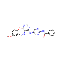 COc1ccc2c(c1)CNc1c(Nc3cnc(NC(=O)c4ccccc4)nc3)ncnc1O2 ZINC000028564754