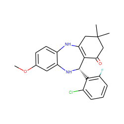 COc1ccc2c(c1)N[C@@H](c1c(F)cccc1Cl)C1=C(CC(C)(C)CC1=O)N2 ZINC000042965222