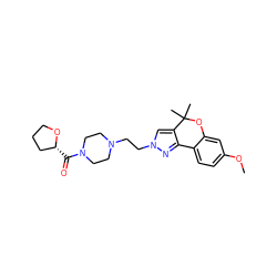 COc1ccc2c(c1)OC(C)(C)c1cn(CCN3CCN(C(=O)[C@@H]4CCCO4)CC3)nc1-2 ZINC000653719113