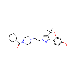 COc1ccc2c(c1)OC(C)(C)c1cn(CCN3CCN(C(=O)C4CCCCC4)CC3)nc1-2 ZINC000653717572