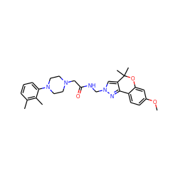 COc1ccc2c(c1)OC(C)(C)c1cn(CNC(=O)CN3CCN(c4cccc(C)c4C)CC3)nc1-2 ZINC001772655677