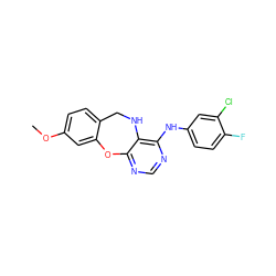 COc1ccc2c(c1)Oc1ncnc(Nc3ccc(F)c(Cl)c3)c1NC2 ZINC000028572465