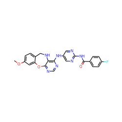 COc1ccc2c(c1)Oc1ncnc(Nc3cnc(NC(=O)c4ccc(F)cc4)nc3)c1NC2 ZINC000028564604