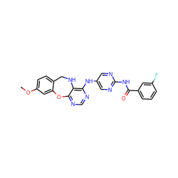 COc1ccc2c(c1)Oc1ncnc(Nc3cnc(NC(=O)c4cccc(F)c4)nc3)c1NC2 ZINC000028564842