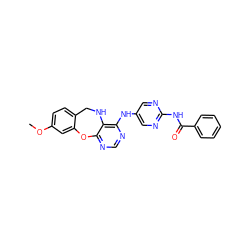 COc1ccc2c(c1)Oc1ncnc(Nc3cnc(NC(=O)c4ccccc4)nc3)c1NC2 ZINC000028564565