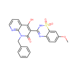 COc1ccc2c(c1)S(=O)(=O)NC(c1c(O)c3cccnc3n(Cc3ccccc3)c1=O)=N2 ZINC000101055695