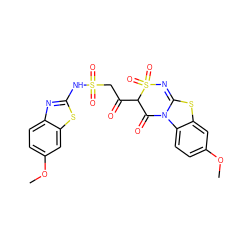 COc1ccc2c(c1)SC1=NS(=O)(=O)C(C(=O)CS(=O)(=O)Nc3nc4ccc(OC)cc4s3)C(=O)N12 ZINC000002007631