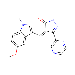 COc1ccc2c(c1)c(/C=C1\C(=O)NN=C1c1cnccn1)cn2C ZINC000036338802