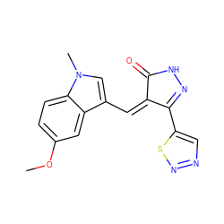 COc1ccc2c(c1)c(/C=C1\C(=O)NN=C1c1cnns1)cn2C ZINC000028955006