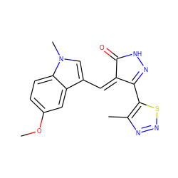 COc1ccc2c(c1)c(/C=C1\C(=O)NN=C1c1snnc1C)cn2C ZINC000028954953