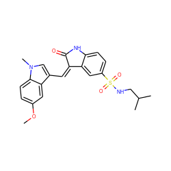 COc1ccc2c(c1)c(/C=C1\C(=O)Nc3ccc(S(=O)(=O)NCC(C)C)cc31)cn2C ZINC000013538941