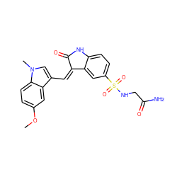 COc1ccc2c(c1)c(/C=C1\C(=O)Nc3ccc(S(=O)(=O)NCC(N)=O)cc31)cn2C ZINC000013538952