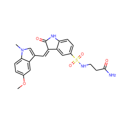 COc1ccc2c(c1)c(/C=C1\C(=O)Nc3ccc(S(=O)(=O)NCCC(N)=O)cc31)cn2C ZINC000013538949