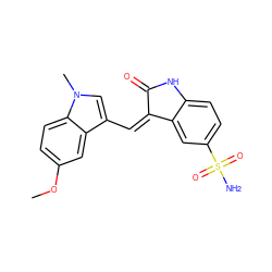 COc1ccc2c(c1)c(/C=C1\C(=O)Nc3ccc(S(N)(=O)=O)cc31)cn2C ZINC000013538929