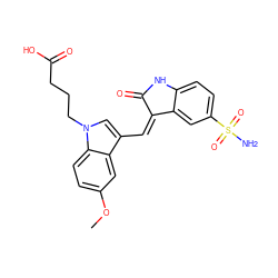 COc1ccc2c(c1)c(/C=C1\C(=O)Nc3ccc(S(N)(=O)=O)cc31)cn2CCCC(=O)O ZINC000013538958