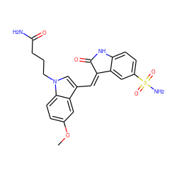 COc1ccc2c(c1)c(/C=C1\C(=O)Nc3ccc(S(N)(=O)=O)cc31)cn2CCCC(N)=O ZINC000013538970