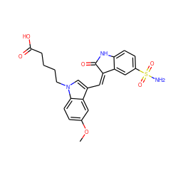 COc1ccc2c(c1)c(/C=C1\C(=O)Nc3ccc(S(N)(=O)=O)cc31)cn2CCCCC(=O)O ZINC000013538961